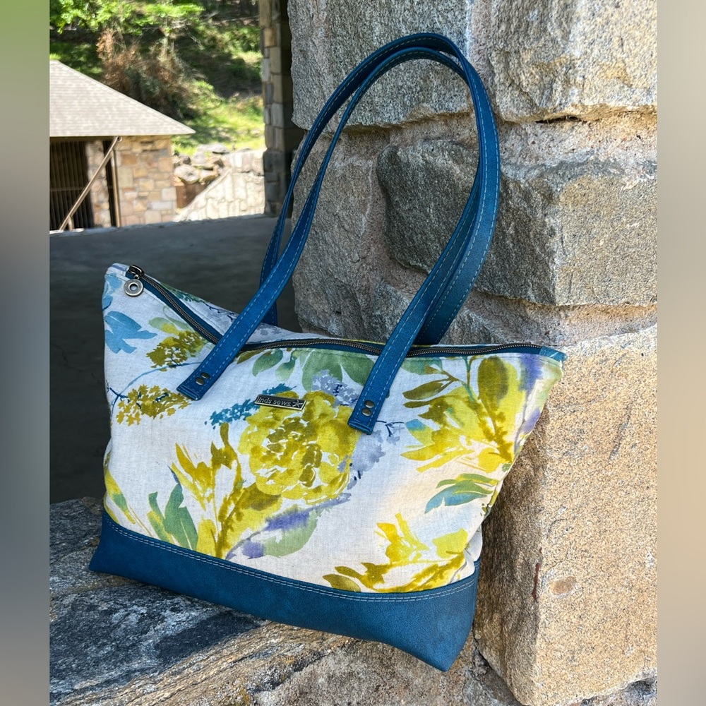 Elegant Blue and Yellow Floral Tote Bag Japanese linen and faux leather